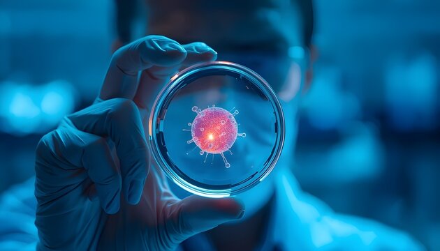 Hand Holding a Petri Dish with Fluorescent Bacteria Cultures in a Laboratory Setting Under Neon Blue and Purple Lights
