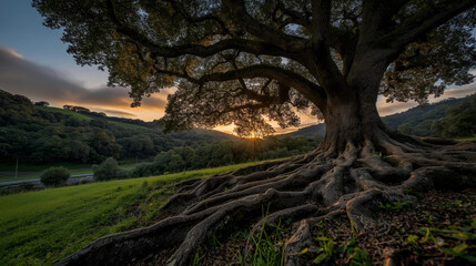 Majestic oak tree standing on a grassy hill at sunset with massive gnarled roots spreading wide and a lush green canopy above, defocused background, nature strength concept, with