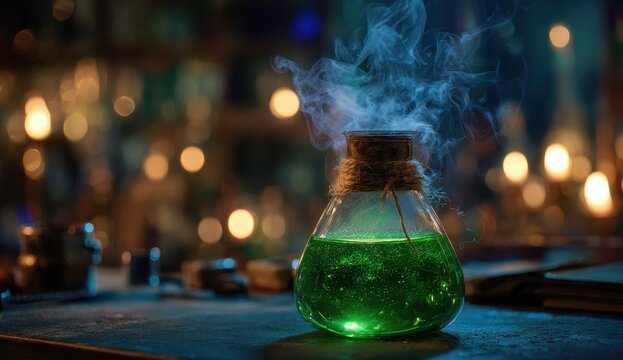Eerie Green Potion Bubbling in Glass Jar, Magical Atmosphere.