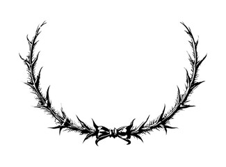 Fototapeta premium Black and white wreath with bow, gothic botanical style, transparent bg