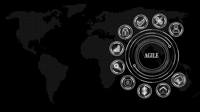 Agile Software Development. Global Business AGILE Concept with Digital Technology Icons on World Map Background