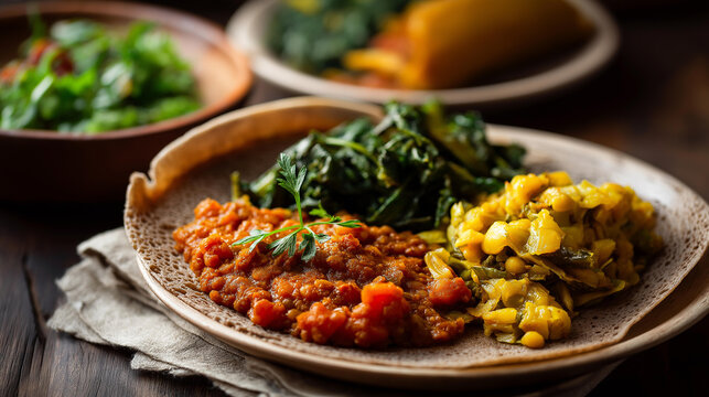 Traditional Ethiopian feast featuring spongy teff injera bread topped with spicy red lentil misir wat stew, yellow split peas, and saut&eacute;ed greens, defocused background, Ethiopian