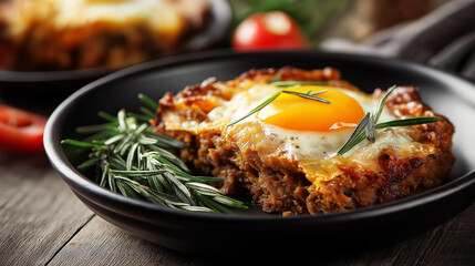 Fototapeta premium Authentic South African bobotie spiced minced meat bake with a golden egg-based topping served in a black dish with rosemary garnish, defocused background, South African cuisine