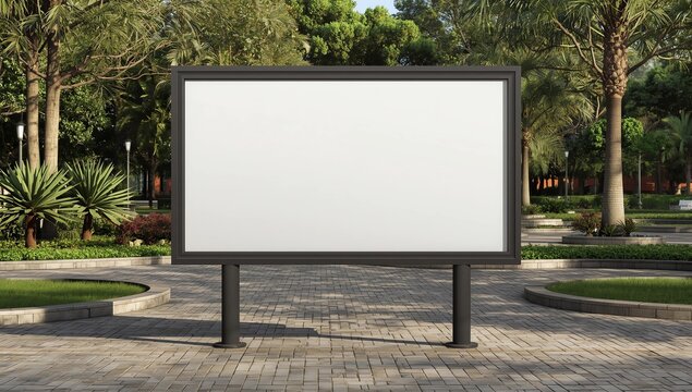 Straight front angle of large empty wooden signboard for advertising, map display or mockup comping purpose. Lush green background behind blank display billboard