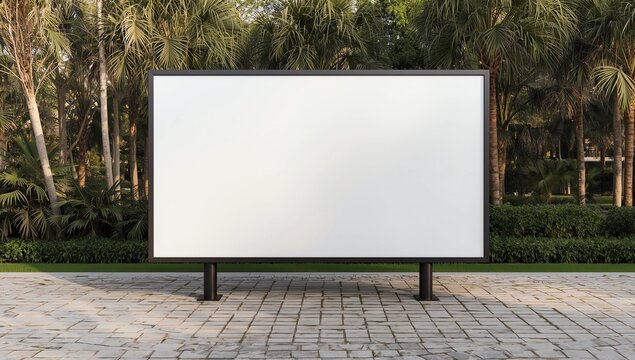 Straight front angle of large empty wooden signboard for advertising, map display or mockup comping purpose. Lush green background behind blank display billboard