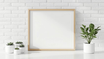 Square wooden photo frame and cactus plants on the table, close up 