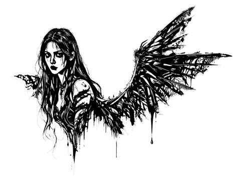 Gothic Female Figure with Ink Drained Mechanical Wings
