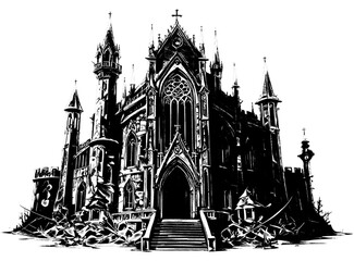 Fototapeta premium Gothic Ruins with Crumbling Staircase and Spire Towers