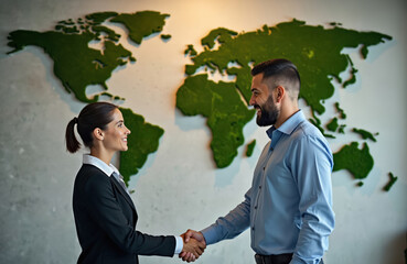 Naklejka premium Man and woman shake hands in front of a green moss world map. They smile, showing a successful business partnership and global agreement. This is a modern office setting.