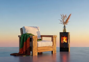 A warm and inviting winter scene showcasing sustainable living choices, emphasizing comfort, natural materials, and eco-conscious design for the colder months