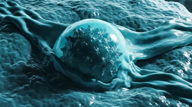 Microscopic view of a virus infecting a cell, showing the intricate process of viral replication and cellular invasion.