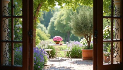 Fototapeta premium View of a tranquil garden through an open doorway. A white table and chairs are set among blooming flowers and lush green trees. Soft daylight illuminates the peaceful outdoor scene.