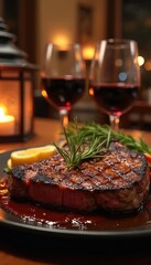 Juicy grilled steak with rosemary and lemon slice served with red wine in cozy restaurant ambience. Candle light, romantic dinner setting, perfect evening meal for couple.