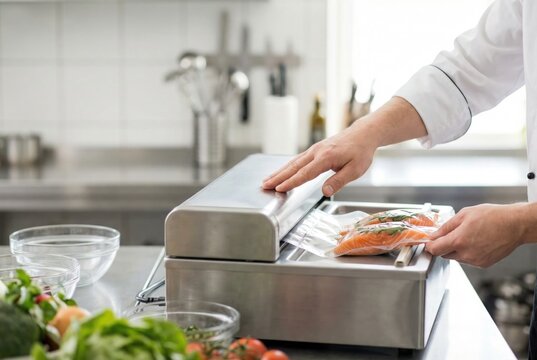 A chef using a vacuum sealer machine to pack fresh salmon fillets in a professional kitchen for sous vide or storage