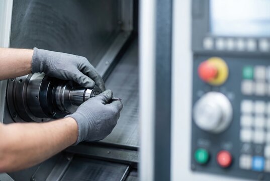 A machinist in gray gloves adjusting a tool in the collet chuck of a CNC milling machine in a factory