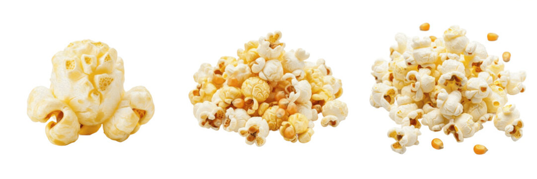 Set and collection of fresh buttery popcorn kernels and fluffy popped popcorn heaps for cinema and snack concepts isolated on white transparent PNG background