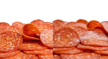 Obraz premium Round pepperoni slices for Italian restaurant marketing and grocery store deli section digital advertising flyers ()