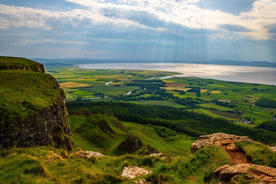 Formed 60 milllion years ago, Binevenagh Hill in the Antrim Plateau, Northern Ireland, overlooking Lough Foyle, River Roe and surrounding woodlands