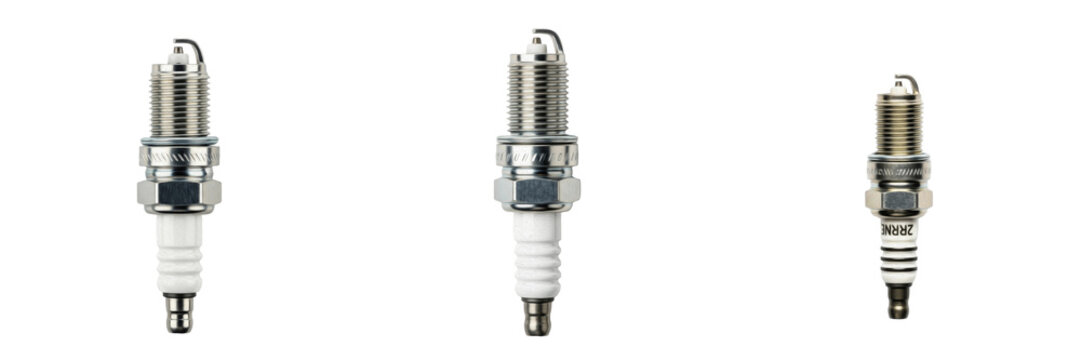 Set and collection of new automotive spark plugs for engine ignition systems and vehicle maintenance isolated on white transparent PNG background