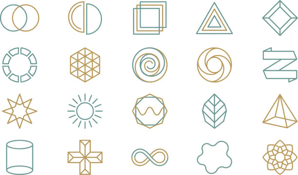 Minimalist geometric line art icons featuring abstract shapes, nature elements, and symbols.