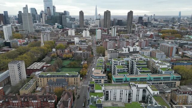Aerial view of St Lukes, Islington, showing urban development and the neighborhoods historic church against the London skyline.