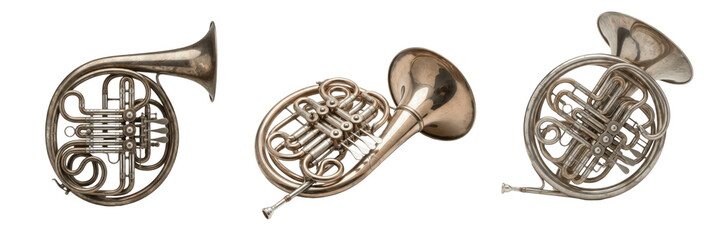 Set and collection of professional silver French horns and brass orchestral instruments for classical music performance isolated on white transparent PNG background