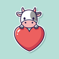Cute Kawaii Cartoon Cow Holding Red Heart Sticker Illustration. Adorable Valentine's Day Love Symbol Vector Graphic.