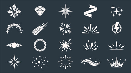 Fototapeta premium Collection of stylized white geometric starburst, diamond, and crystal icons set against dark background.