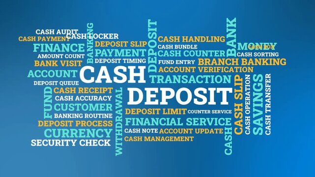 Cash Deposit Word Cloud Animation Seamless Loop. Branch Banking, Transaction and Financial Service Concept