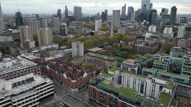 Aerial view of St Lukes, Islington, showing urban development and the neighborhoods historic church against the London skyline.