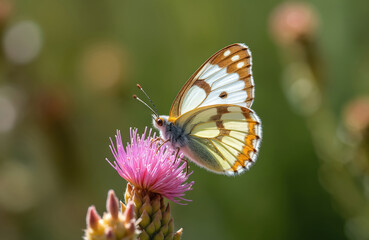 Obraz premium Caper white butterfly lands on pink thistle flower. Insect has white and brown patterned wings. Creature sips nectar from bloom in sunny garden habitat. Focus on delicate details.