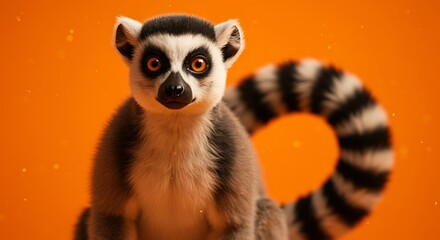 Fototapeta premium Ringtailed lemur with big eyes and fluffy fur on orange background cute animal portrait with long tail