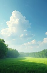 Fototapeta premium Vast green grass field beside forest edge under wide blue sky with soft white clouds. Sunlight streams through mist, creating peaceful morning mood. Open space stretches to distant treeline.