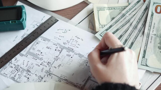 woman designer takes measurements and writes a diagram of apartment measurements. interior design project. agreement, dollars. plan, construction diagrams. catalog, tape measure, laser, ruler