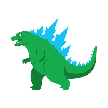 Green Godzilla Kaiju Monster with Blue Spikes, Cartoon Style Illustration