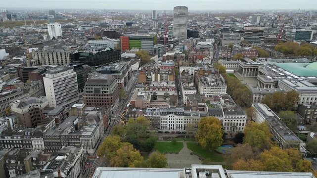 Aerial perspective over Bloomsbury Square, London, highlighting the British Museum and the distant BT Tower in the cityscape.