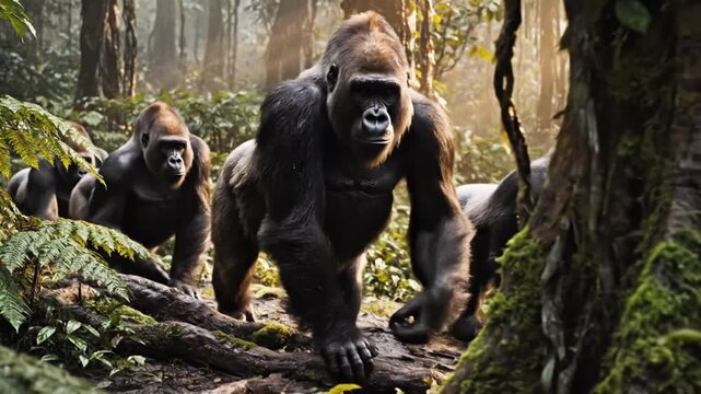 Three gorillas walk through a lush, green forest, with dappled sunlight filtering through the trees, creating a serene and natural environment for the primates to explore