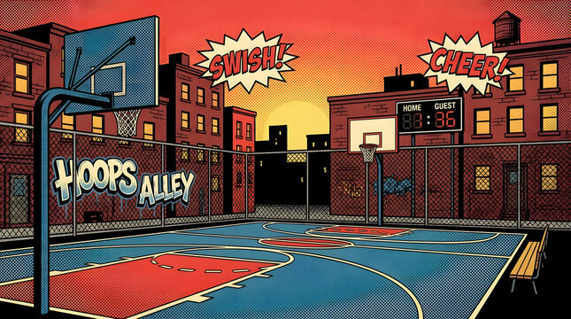 Urban Basketball Court with Hoop and Backboard.