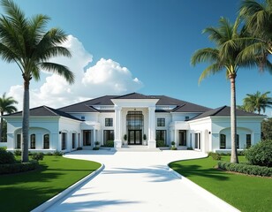 Naklejka premium Spacious white mansion with black roof and rich green lawn stands by blue ocean. Tall palm trees frame large modern house, perfect for resort or luxury living.