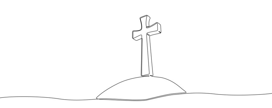 Christian cross in one line art style. Drawing of a religious symbol on a hill, made by a continuous line with editable black stroke on a white background. Vector illustration.