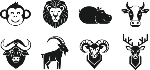 Fototapeta premium animal, silhouette, vector, lion, monkey, hippo, cow, buffalo, ibex, ram, deer, mascot, wildlife, nature, head, animal head, black silhouette, wild animal, nature 