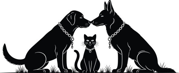 Black pet silhouette vector set featuring two large guard dogs and a small domestic cat sitting together, canine and feline friendship for animal care branding. © razia
