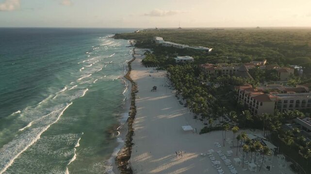 Aerial View of Tropical Coastline with Beach, Ocean, and Resorts in Playa del Carmen Mexico
