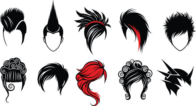 Creative punk and gothic hair style vector silhouette set featuring mohawk spikes emo bangs and colorful wig extensions for salon branding and alternative fashion design.
