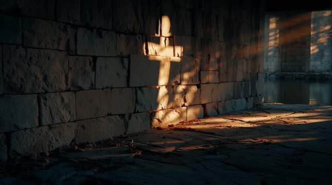 Dramatic cross shadow on stone wall at sunset or sunrise