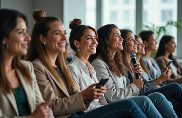 Obraz premium Diverse women in business attire listen attentively during a conference presentation. One woman holds a microphone, others use phones. Smiling faces suggest engagement and positive learning.