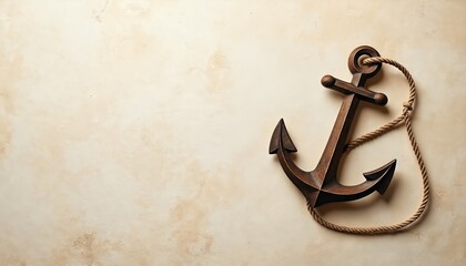 Fototapeta premium Wooden anchor with rope lies on textured beige surface. Nautical decor piece with vintage charm, maritime symbolism. Item for interior design, home accents, coastal themes. Simple, elegant, peaceful