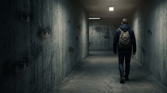 Privacy invasion and surveillance concept, person watched by unseen eyes