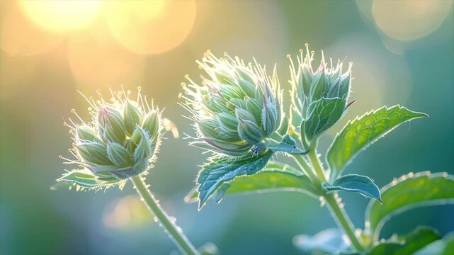Close-up of sunlit, budding green plants with delicate, spiky details and a blurred backdrop