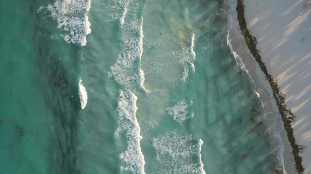 Aerial Top-Down View of Ocean Waves Crashing on Tropical Beach in Playa del Carmen Mexico